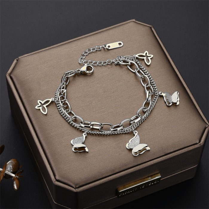 Wholesale Simple Rose Gold Double Layer Frosted Butterfly Titanium Steel Bracelet JDC-BT-YXi001