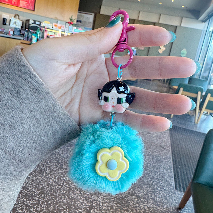 Wholesale Cartoon soft cute fur ball little girl keychain creative cute little flower fur ball couple bag gift pendant