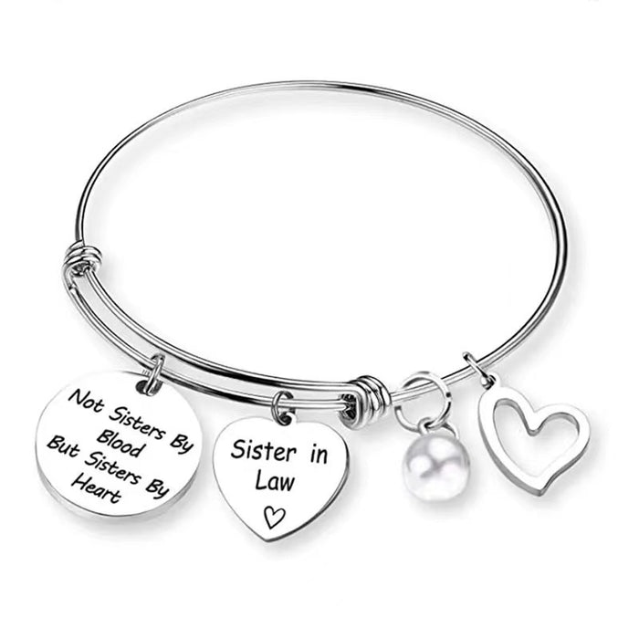 Wholesale Circular hanging tag bracelet, stainless steel heart engraved lettering pendant, round adjustable steel pearl pendant bracelet