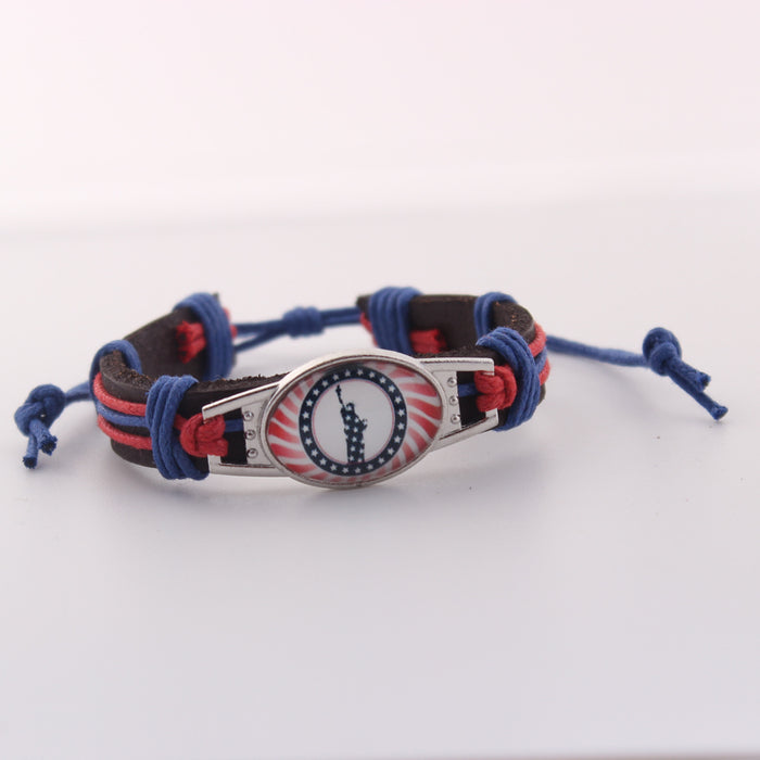 Wholesale Flag genuine leather woven bracelet with adjustable DIY zinc alloy red, white, and blue bracelet
