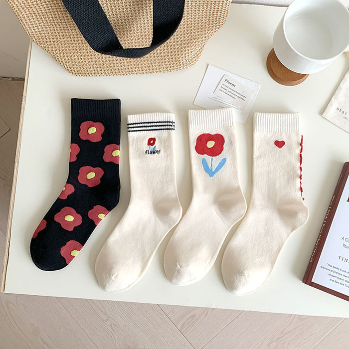Wholesale Socks with small flower embroidery in the middle tube, versatile and trendy stacking socks