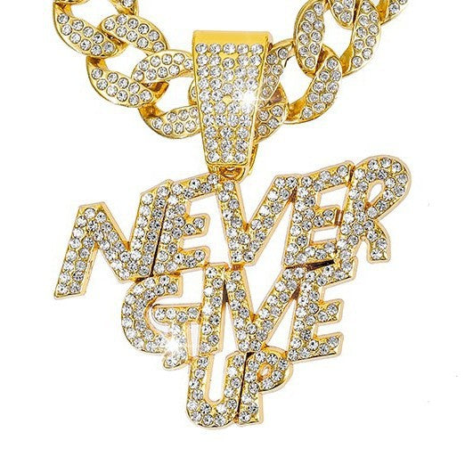 Wholesale Alloy Letter NEVERGIVEUP Punk Style Pendant Full Diamond Super Men's Cuban Chain