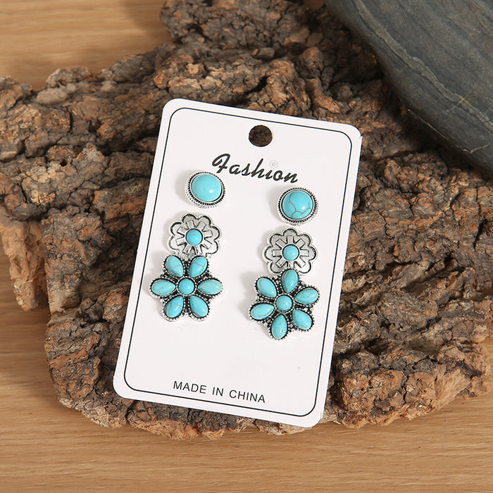 Wholesale Retro Western Style Silver-Tone Alloy Turquoise 3-Piece Earring Set