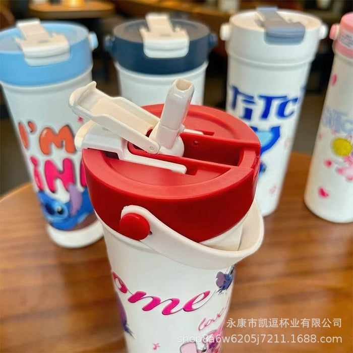 Wholesale Cartoon Thermos Cup Stainless Steel Coffee Cup Large-Capacity Straw Water Cup Fruit Tea Cup