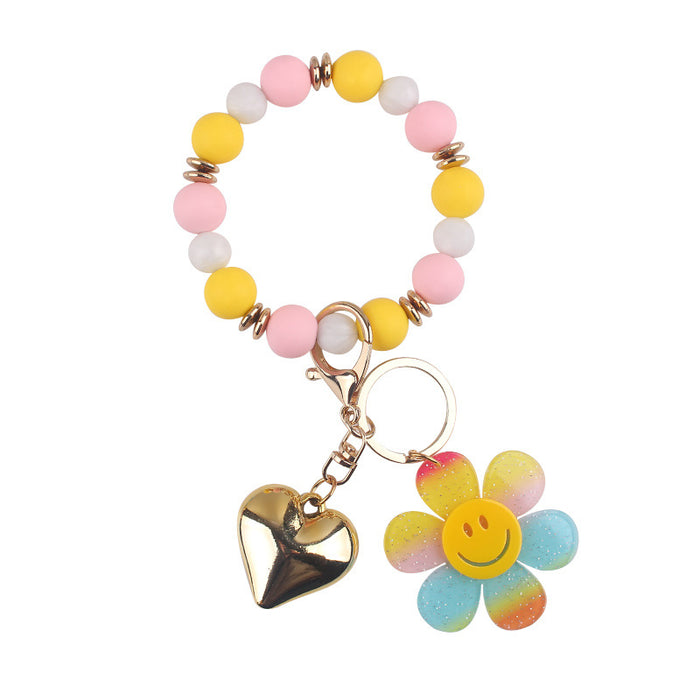 Wholesale Creative Silicone Beads Bracelet Keychain Cartoon Acrylic Smiley Sunflower Pendant Bracelet Key Ring Jewelry