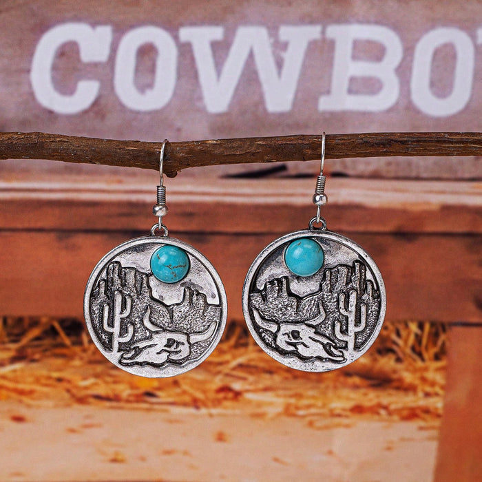 Wholesale Western style vintage pinto highland cattle desert sunset pattern pendant earrings