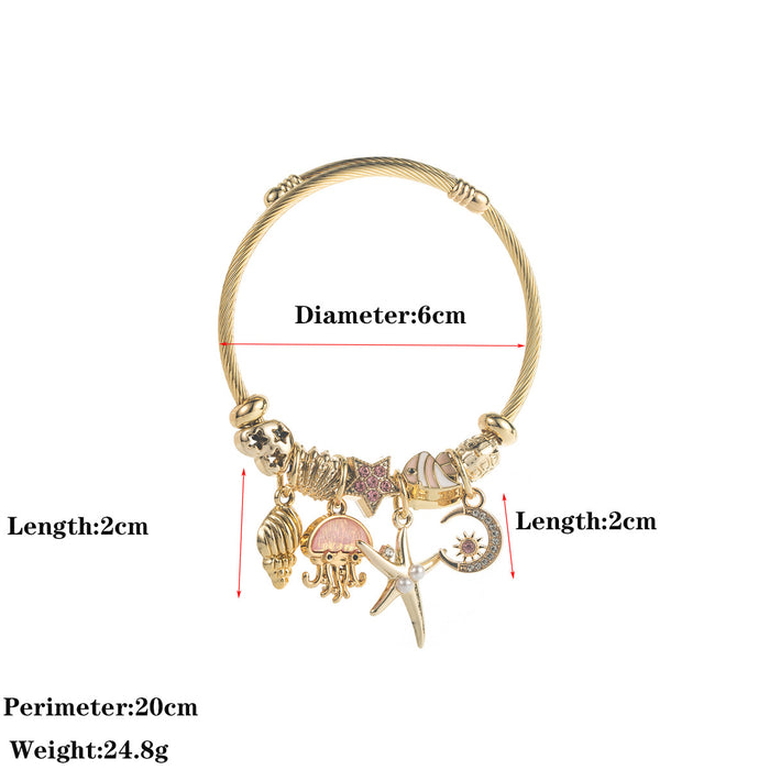 Wholesale Women S Stainless Steel Starfish Moon Pearl Charm Bracelet Pink Rhinestone Ocean Design Everyday Boutique Resale Jewelry Accessory