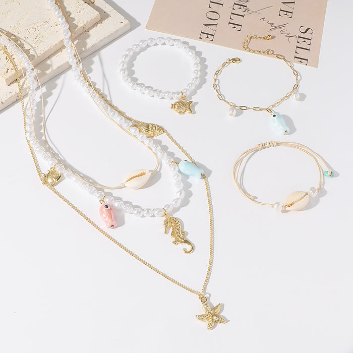 Wholesale Starfish Shell Fish Multi layer Necklace Women's Pendant Necklace Bracelet Necklace Set