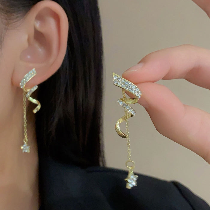 Wholesale S925 Silver Needle Diamond Geometric Spiral Twisted Earrings Star Tassel Earrings