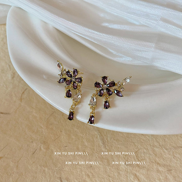Wholesale Purple zircon flower pendant earrings, new niche design, fashionable earrings