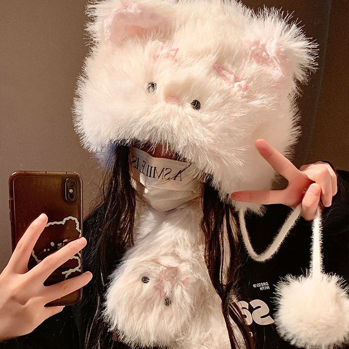 Wholesale Cute Hairpin Cat Fluffy Hat Women's Autumn and Winter Thickened Warm Cold-proof Ear Protectors Hat Neck Protectors