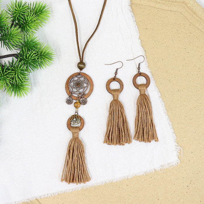 Wholesale Bohemian Dreamcatcher Tassel Earrings and Wooden Pendant Necklace Set