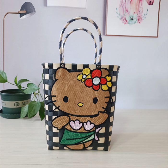 Wholesale Cat Vacation Casual Woven Bag Cute Cartoon Embroidered Bag