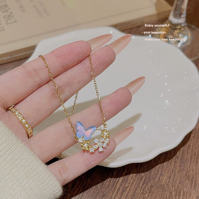 Wholesale New butterfly necklace with high-end and niche design, light luxury zircon stamen collarbone chain, titanium steel color not fading accessories