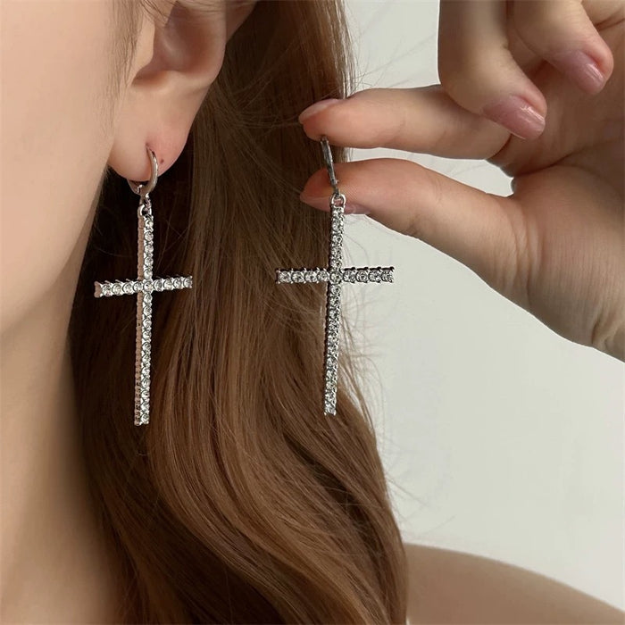 Wholesale Shiny Rhinestone Large Cross Earrings Versatile Exaggerated Full Diamond