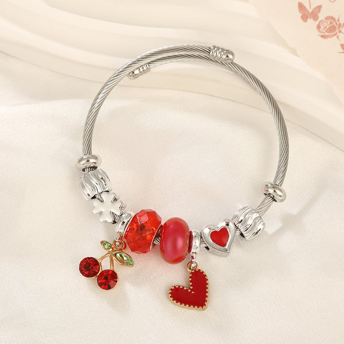Wholesale Sweet Cherry Beaded Bracelet Stainless Steel Heart Jewelry MOQ≥2