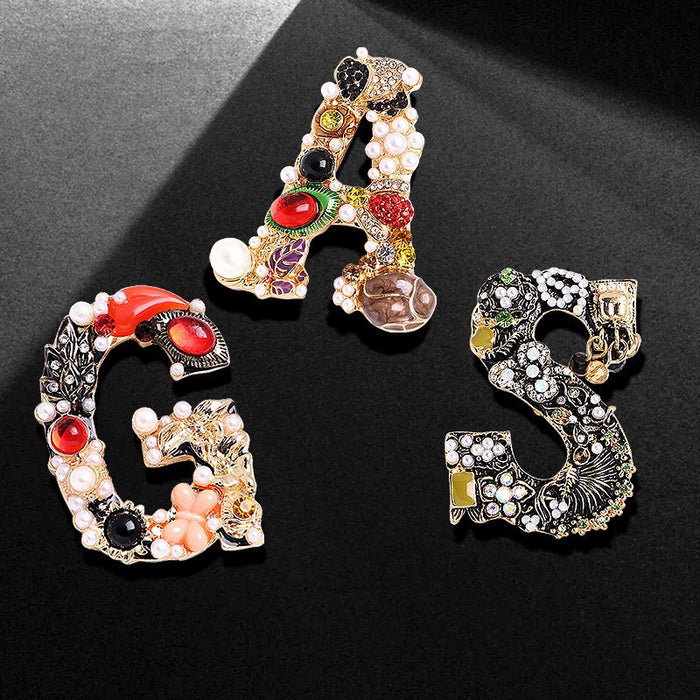 Wholesale Rhinestone letter brooch with diamond and pearl buckle,  dress coat pin to decorate shoes and bags