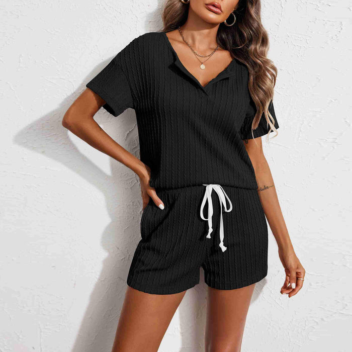 Wholesale Home wear pajama set knitted jacquard fabric short sleeved shorts two-piece set