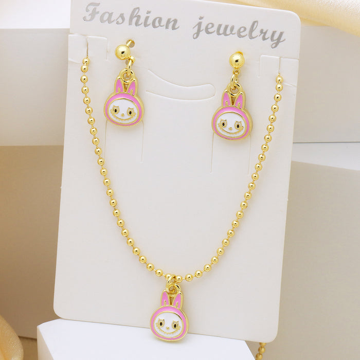 Wholesale Cartoon Cat Color Dripping Oil Brass Pendant Pendant Ball Chain Cute Earrings Set