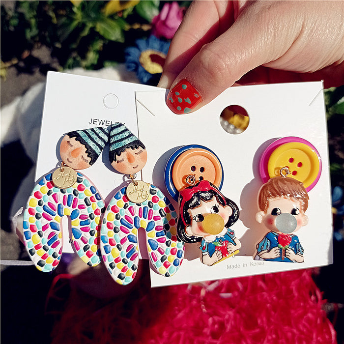 Wholesale Ethnic Style Colorful Doll Cartoon Alloy Earrings JDC-ES-Xingj028