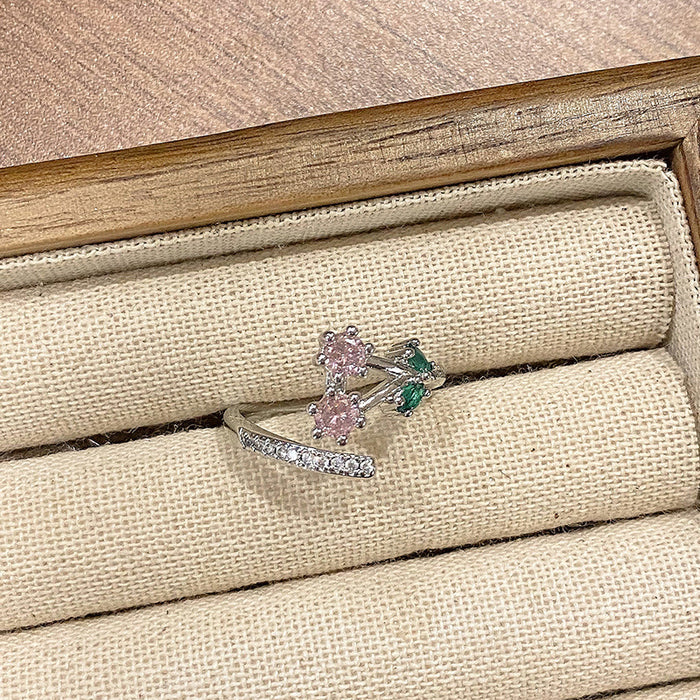 Wholesale Small niche luxury colored micro inlaid open ring with fashionable hollow flower temperament, layered wearing