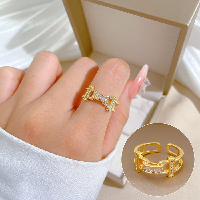 Wholesale Real Gold Electroplated Design Geometric Diamond Round Bead Ring Female Cold Style Open Ring JDC-RS-LG004