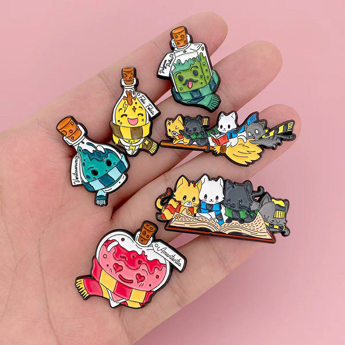 Wholesale Zinc Alloy Baked Enamel Cartoon Brooch Magic Potion Cat Book Bag Charm Decorative Gift MOQ≥2
