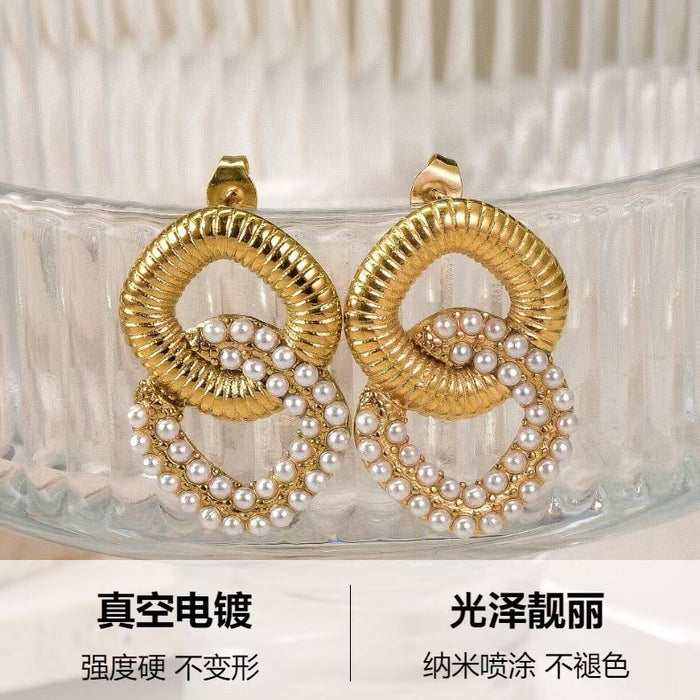 Wholesale Trendy new stainless steel pearl inlaid double-layer pearl earrings that do not fade earrings jewelry