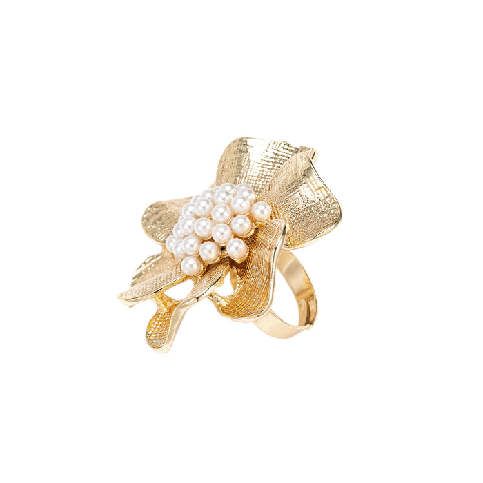 Wholesale Vintage exaggerated pearl flower ring with a light luxury and high-end feel, irregular texture and open mouth bracelet