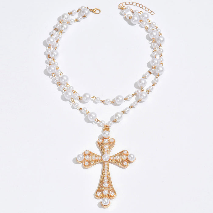 Wholesale Pearl studded cross necklace, high-end women's accessories