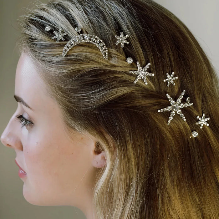 Wholesale Jewelry Fashion Alloy One Word Clip Moon Set Diamond Headpiece, niche Snowflake Stacked Hair Clip Set