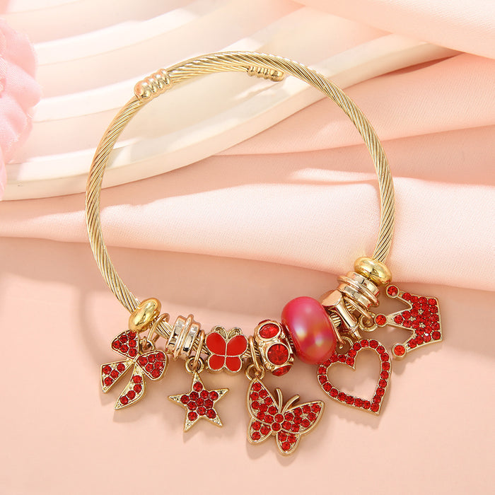 Wholesale Butterfly &  Love Rhinestone Pendant Beaded Bracelet Stainless Steel Fashion Accessory for Women Gift