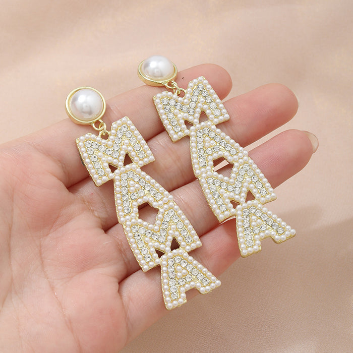 Wholesale Creative letter alloy jewelry with diamond inlaid pearl earrings, light luxury fashion long earrings