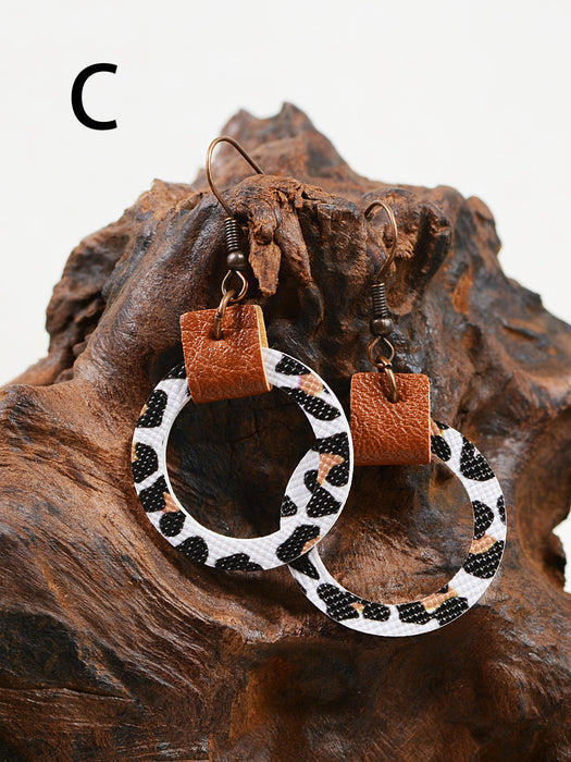 Wholesale Flower Leopard Print Western Style Hollow Round Leather Earrings JDC-ES-ChenC008