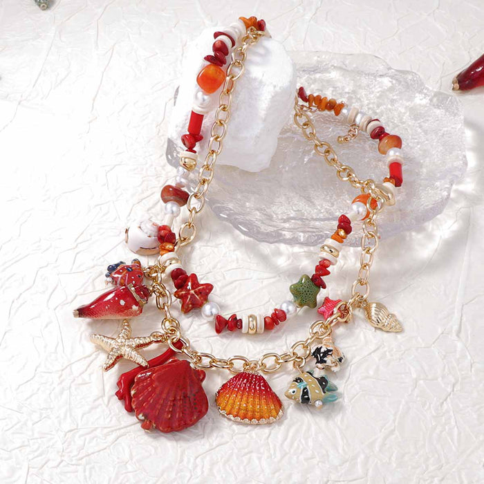Wholesale Fresh Scallop Conch Pendant Double Layer Stacked Necklace