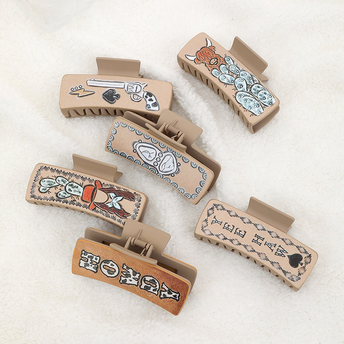 Wholesale Western Denim Style Cactus English Letters Leather Women' s Hairpin Grab Clip Shark Clip
