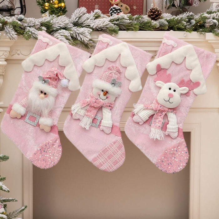 Wholesale Christmas Socks Children' s Gift Bag Pink Cartoon Roof Old Man Candy Gift Decoration Supplies Christmas Tree
