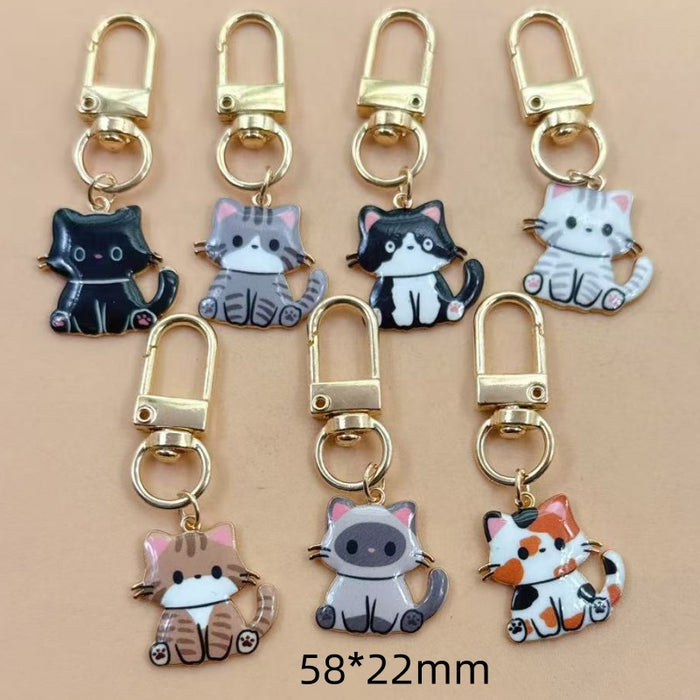 Wholesale 10pcs Cartoon Alloy Printed Pendant Cute Kitten Keychain Animal Series Metal Key Ring Bag Charm Accessory