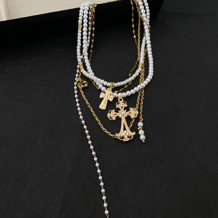 Wholesale Multi-layer Cross Pearl Alloy Necklace JDC-NE-LaiL010