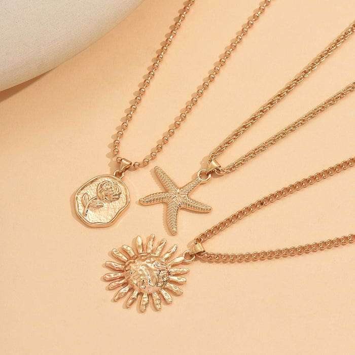 Wholesale Jewelry Rose Sea Star Sun Zinc Alloy Pendant Necklace Simple and Versatile Cuban Chain Necklace