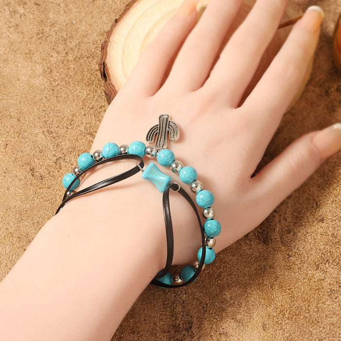 Wholesale Turquoise Beaded Alloy Pendant Multi-layer Necklace Bracelet suit