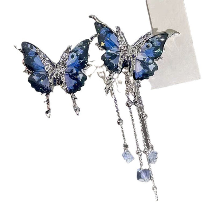 Wholesale Light luxury temperament, blue starry sky shining butterfly earrings, retro high-end feeling, crystal tassel asymmetrical exaggerated earrings