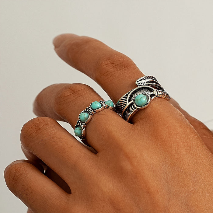 Wholesale 2pcs Retro Personalized Turquoise 2-Piece Set Rings