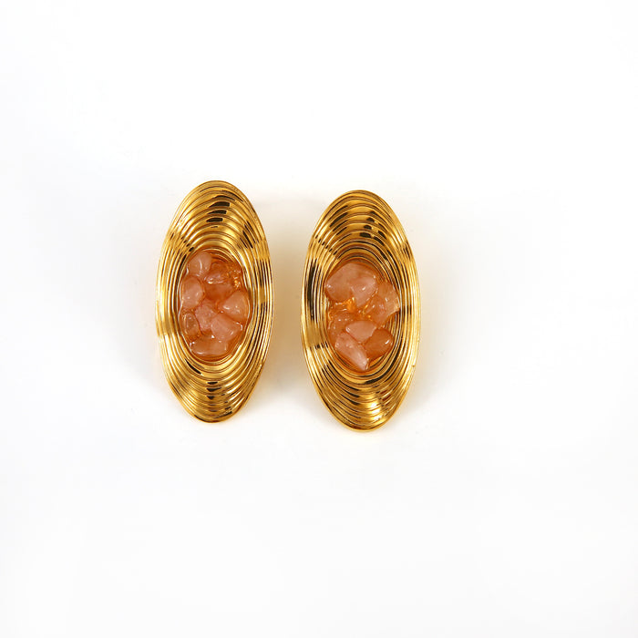 Wholesale Vintage exquisite high-end stainless steel oval earrings set with natural stone earrings and ring set