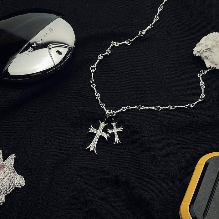 Wholesale Diamond studded double cross pendant for women, simple collarbone necklace for men, couple