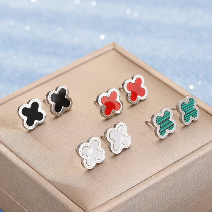 Wholesale Simple temperament, double-sided clover stainless steel earrings, personalized and versatile oil drip earrings