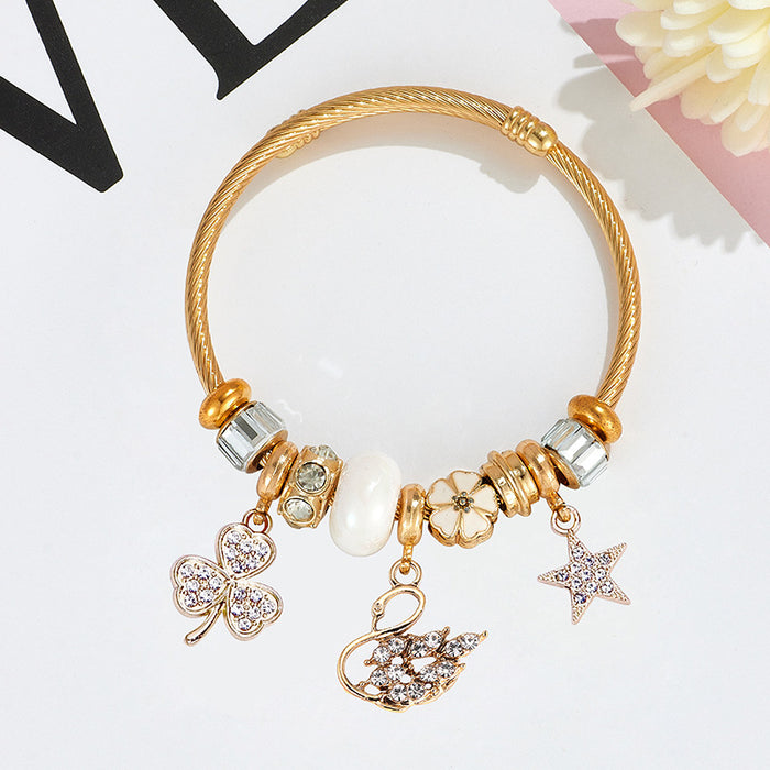 Wholesale Stainless Steel Rhinestone Butterfly Swan Beaded Bracelet MOQ≥2