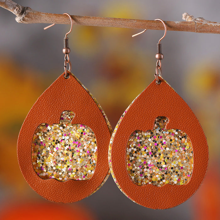 Wholesale Autumn Thanksgiving Maple Leaf Pumpkin Multi-layer PU Pendant Earrings
