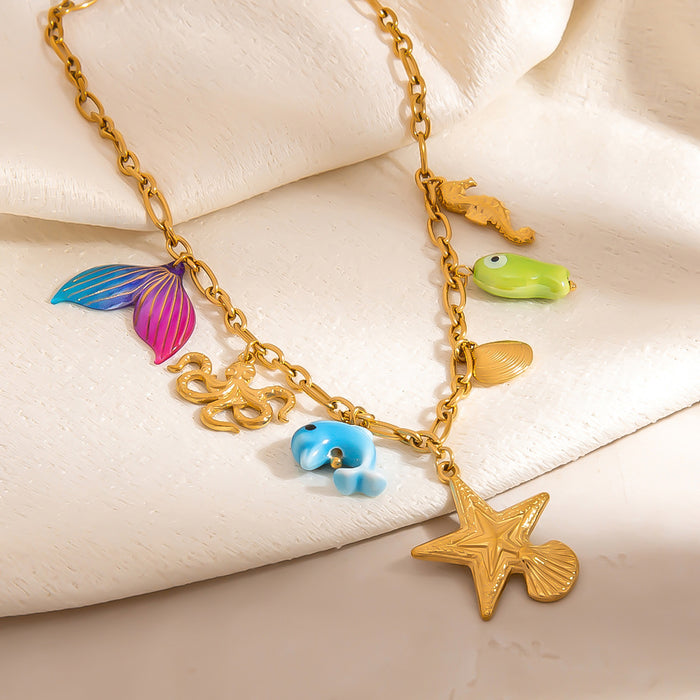 Wholesale Stainless Steel Necklace Exaggerated Big Fishtail Colorful Big Shell Ocean Style Multi-Element  Gold Clavicle Chain