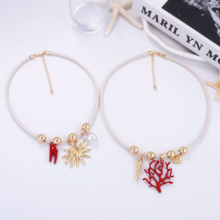 Wholesale Alloy Sun Coral Imitation Pearl Double Layer Stacked Leather Cord Necklace for Women